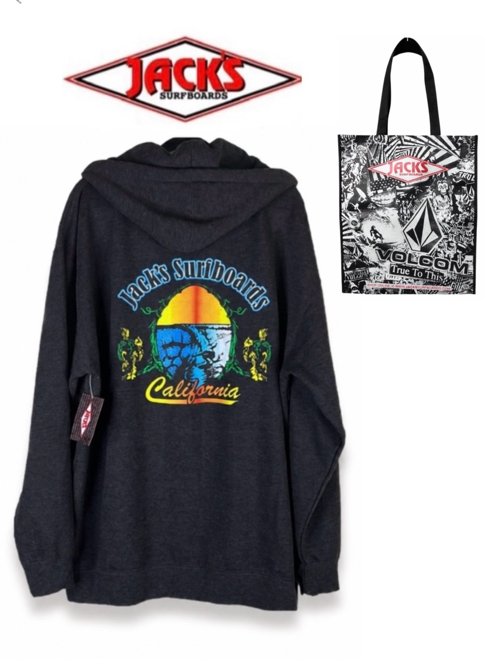 Jacks Surfboard Zip Up Sweatshirt Hoodie California Graphic Fleece Jacket‎ XXL